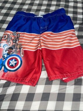 Boys Red & Blue Captain Shield Swim Trunks